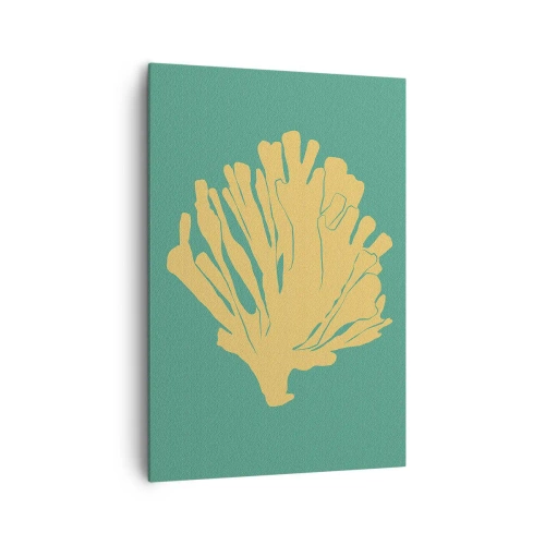 Obraz na płótnie - Minimalistyczna ilustracja koralowca w odcieniach złota na zielonym tle - 70x100cm - Krzak podwodnego lasu - Nowoczesna dekoracja ścienna do salonu i sypialni ARTTOR