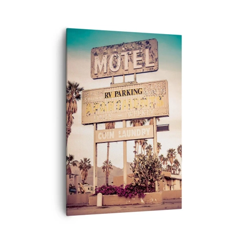 Obraz na płótnie - Retro szyld motelu otoczonego palmami - 70x100cm - Tu czas się zatrzymał - Nowoczesna dekoracja ścienna do salonu i sypialni ARTTOR