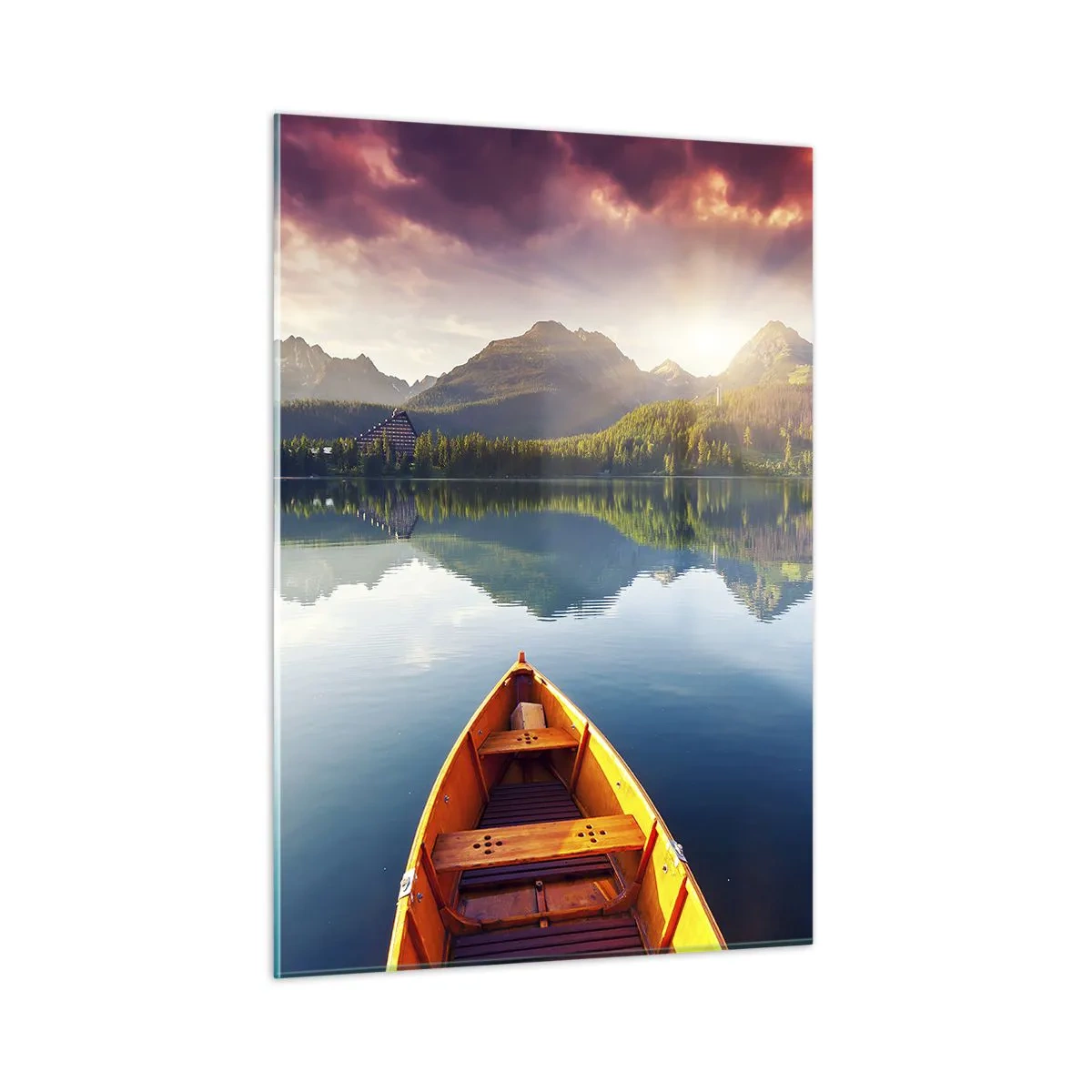 Obraz na szkle - Trzy drewniane łodzie na jeziorze z widokiem na góry o zachodzie słońca - 50x70cm - Nic przeciw naturze - Nowoczesna dekoracja ścienna do salonu, kuchni i sypialni ARTTOR