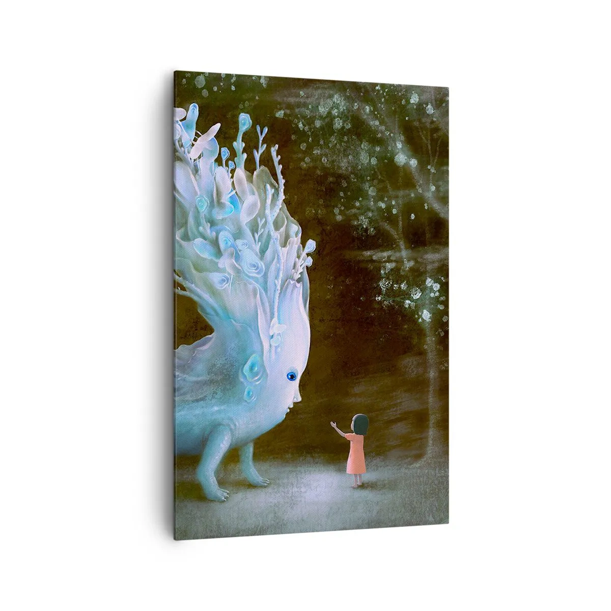 Obraz na płótnie - Postać dziewczynki naprzeciw fantastycznego stworzenia - 80x120cm - Fantastyczne spotkanie - Nowoczesna dekoracja ścienna do salonu i sypialni ARTTOR