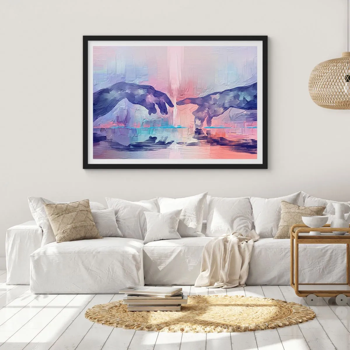 Plakat w czarnej ramie - Symboliczne dłonie w abstrakcyjnych barwach, odwołujące się do motywu stworzenia - 100x70cm - Boska iskra życia - Nowoczesna dekoracja ścienna do salonu i sypialni ARTTOR