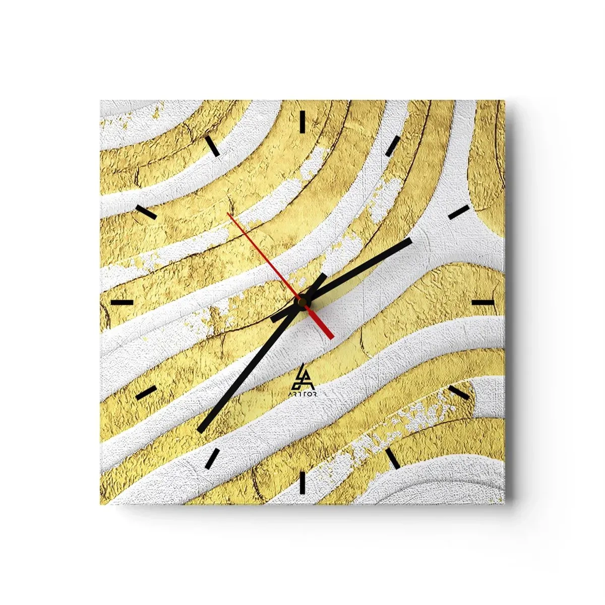 Zegar ścienny - Złote i białe abstrakcyjne linie w fakturze 3D - 30x30cm - Kompozycja w bieli i złocie - Nowoczesna dekoracja ścienna do salonu i sypialni ARTTOR