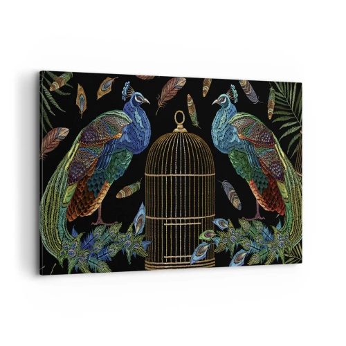 Obraz na płótnie - Pawie przy złotej klatce na czarnym tle - 100x70cm - W królewskich szatach - Nowoczesna dekoracja ścienna do salonu, kuchni i sypialni ARTTOR