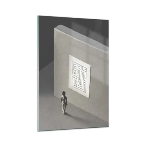 Obraz na szkle - Postać w labiryncie patrząca na wiszącą mapę - 80x120cm - Ale gdzie jestem? - Nowoczesna dekoracja ścienna do salonu i sypialni ARTTOR