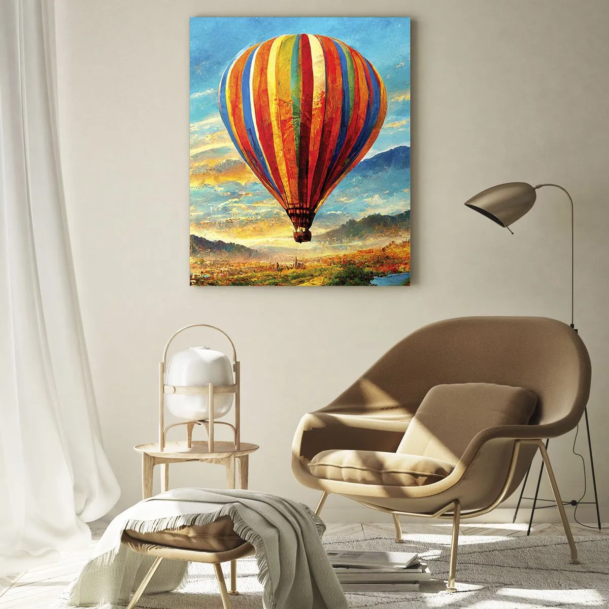 Obraz na szkle - Kolorowy balon nad malowniczym krajobrazem - 80x120cm - W ciszy widać więcej - Nowoczesna dekoracja ścienna do salonu i sypialni ARTTOR