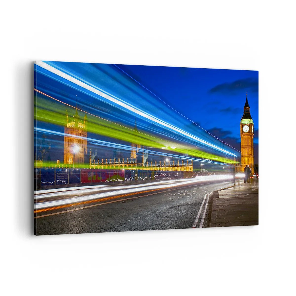 Obraz na płótnie - Big Ben nocą z efektem świateł w ruchu na ulicy - 100x70cm - Pod okiem Big Bena - Nowoczesna dekoracja ścienna do salonu, kuchni i sypialni ARTTOR