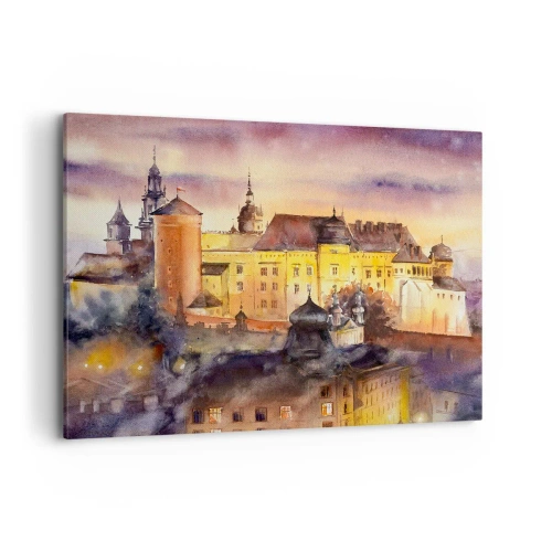 Obraz na płótnie - Malowniczy obraz zamku o zachodzie słońca w akwarelowym stylu - 100x70cm - Historia i baśń - Nowoczesna dekoracja ścienna do salonu, kuchni i sypialni ARTTOR