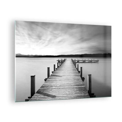 Obraz na szkle - Drewniany pomost prowadzący w dal po spokojnym jeziorze - 70x50cm - U wodopoju – spokoju - Nowoczesna dekoracja ścienna do salonu i sypialni ARTTOR