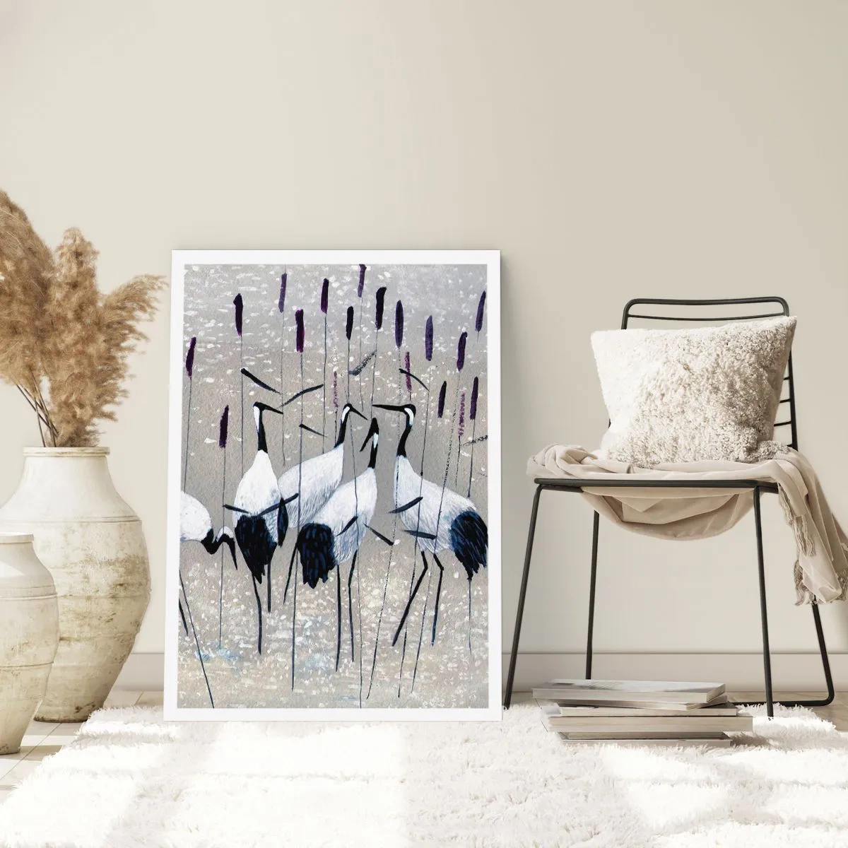 Plakat - Gracja żurawi w subtelnym pejzażu z trawami i wodą - 50x70cm - Wśród swoich - Nowoczesna dekoracja ścienna do salonu, kuchni i sypialni ARTTOR