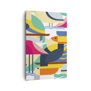 Obraz na płótnie - Kolorowe ptaki w abstrakcyjnej, geometrycznej kompozycji - 80x120cm - Ptasie party - Nowoczesna dekoracja ścienna do salonu i sypialni ARTTOR