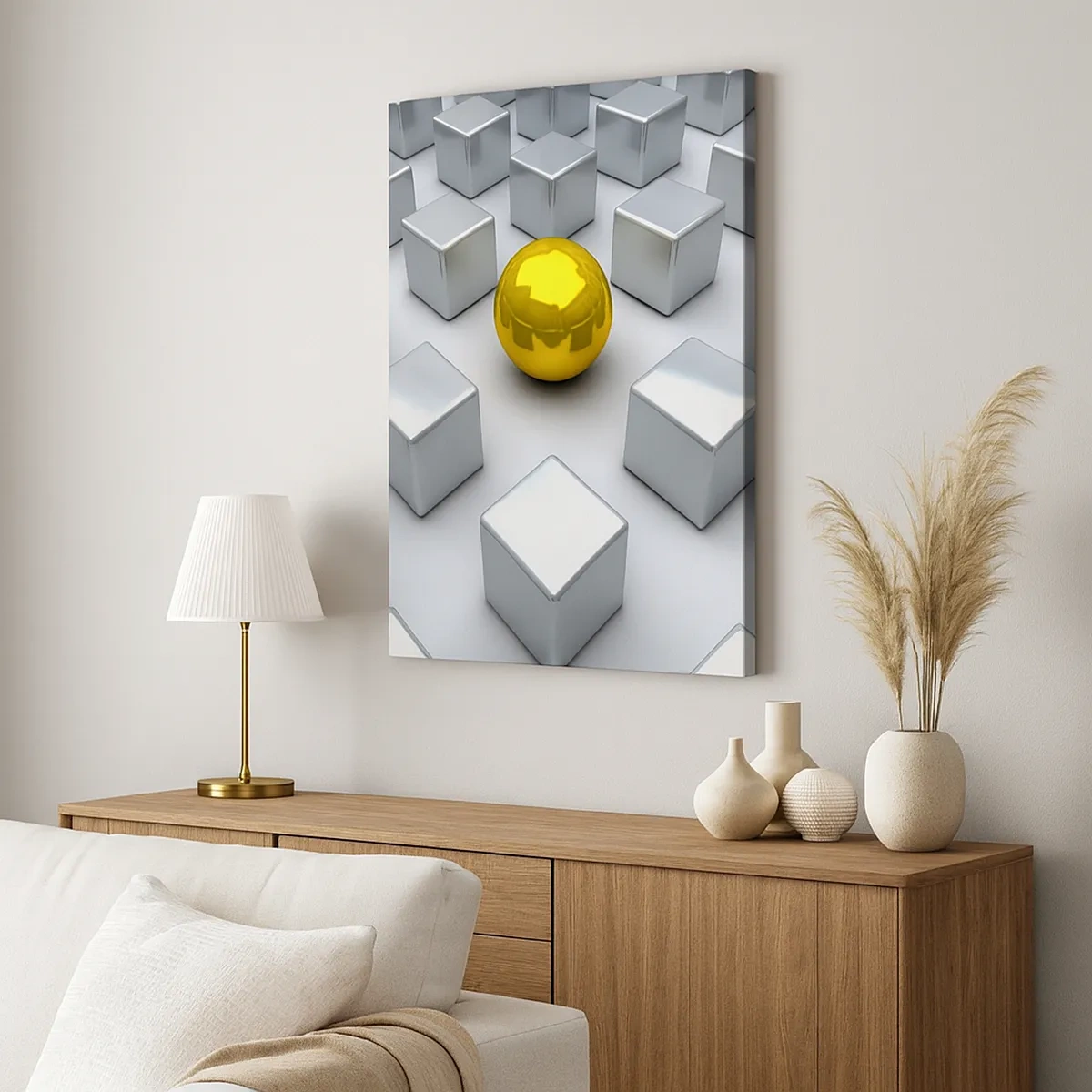 Obraz na płótnie - Złota kula wśród białych sześcianów - 50x70cm - Dlaczego ja? Kompozycja geometryczna - Nowoczesna dekoracja ścienna do salonu, kuchni i sypialni ARTTOR