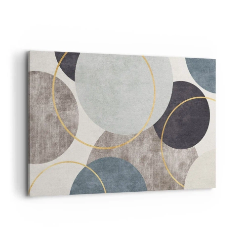 Obraz na płótnie - Geometryczne okręgi w odcieniach szarości, błękitu i złota - 120x80cm - Koło za kołem - Nowoczesna dekoracja ścienna do salonu, kuchni i sypialni ARTTOR