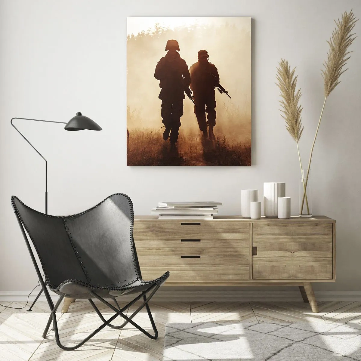 Obraz na szkle - Dwóch żołnierzy w akcji na tle zachodzącego słońca - 50x70cm - Call of Duty - Nowoczesna dekoracja ścienna do salonu, kuchni i sypialni ARTTOR