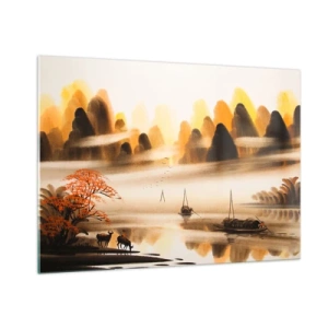Obraz na szkle - Orientalny krajobraz z łódkami i górami we mgle - 100x70cm - Dalej niż na Dalekim Wschodzie - Nowoczesna dekoracja ścienna do salonu, kuchni i sypialni ARTTOR