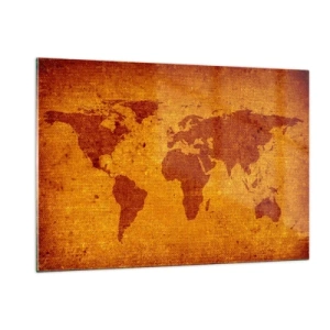 Obraz na szkle - Mapa świata w ciepłych, sepia-tonowanych barwach - 120x80cm - Zaproszenie do podróży - Nowoczesna dekoracja ścienna do salonu, kuchni i sypialni ARTTOR