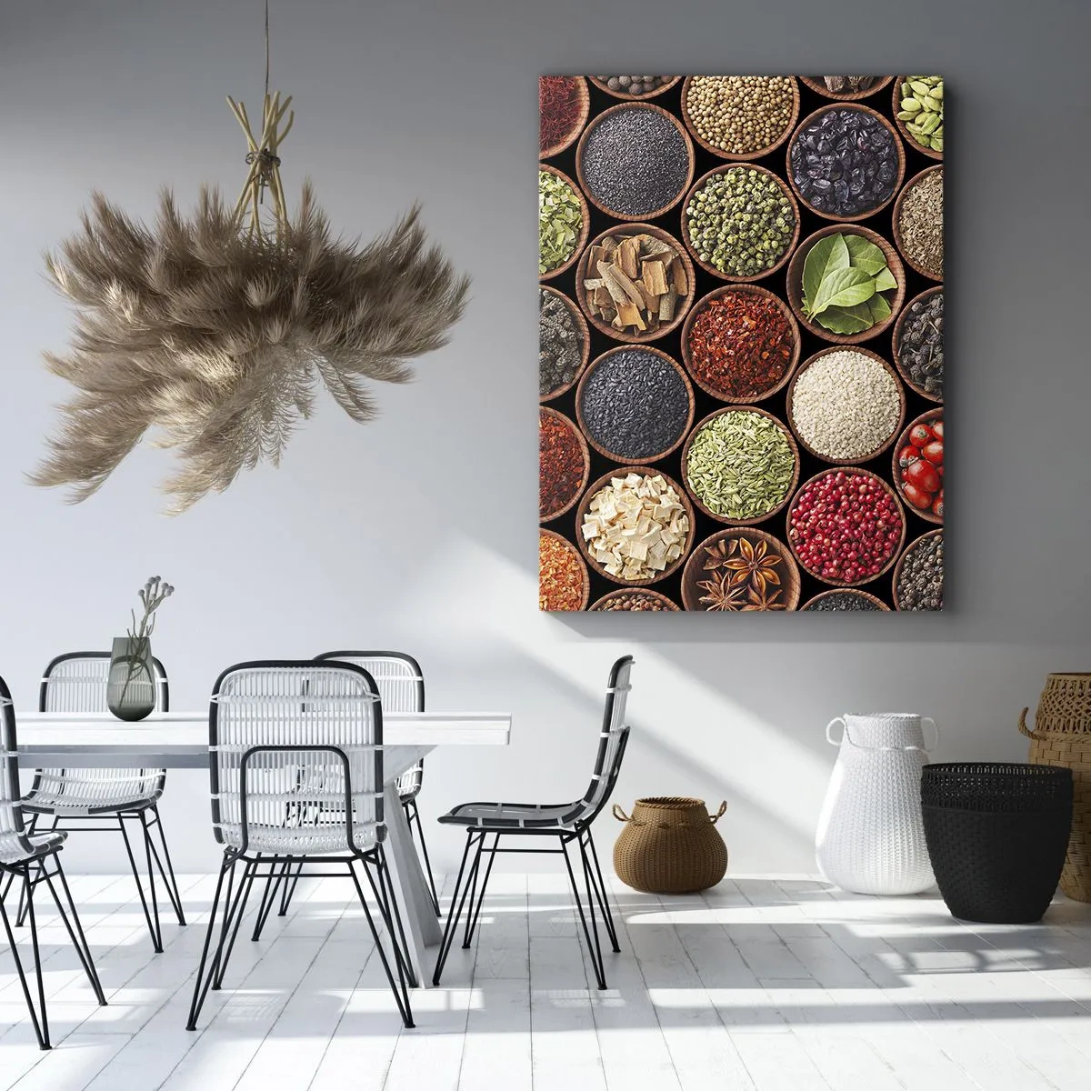 Obraz na płótnie - Kompozycja kolorowych przypraw w miseczkach - 50x70cm - Wszystkie smaki świata - Nowoczesna dekoracja ścienna do salonu, kuchni i sypialni ARTTOR