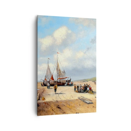 Obraz na płótnie - Rybackie łodzie na plaży z postaciami ludzi - 80x120cm - Po udanym połowie - Nowoczesna dekoracja ścienna do salonu i sypialni ARTTOR