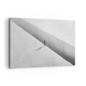 Obraz na płótnie - Samotna postać nad głęboką przepaścią w monochromatycznej scenerii - 120x80cm - Jasny cel - Nowoczesna dekoracja ścienna do salonu, kuchni i sypialni ARTTOR