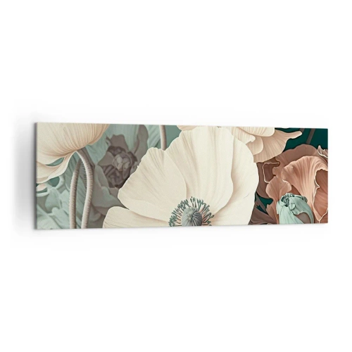Obraz na płótnie - Eleganckie kwiaty w pastelowych odcieniach na zielonym tle - 160x50cm - Szept maków - Nowoczesna dekoracja ścienna do salonu i sypialni ARTTOR