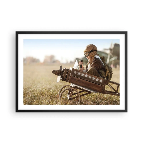 Plakat w czarnej ramie - Dziecko w zabawkowym samolocie na tle pola - 70x50cm - Start ku marzeniu - Nowoczesna dekoracja ścienna do salonu i sypialni ARTTOR