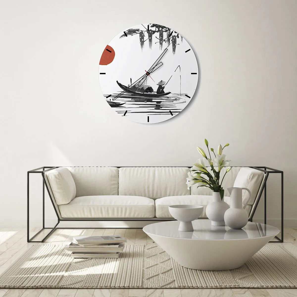 Zegar ścienny - Tradycyjna ilustracja rybaka w łodzi na tle czerwonego słońca - 30x30cm - Azjatyckie popołudnie - Nowoczesna dekoracja ścienna do salonu, kuchni i sypialni ARTTOR