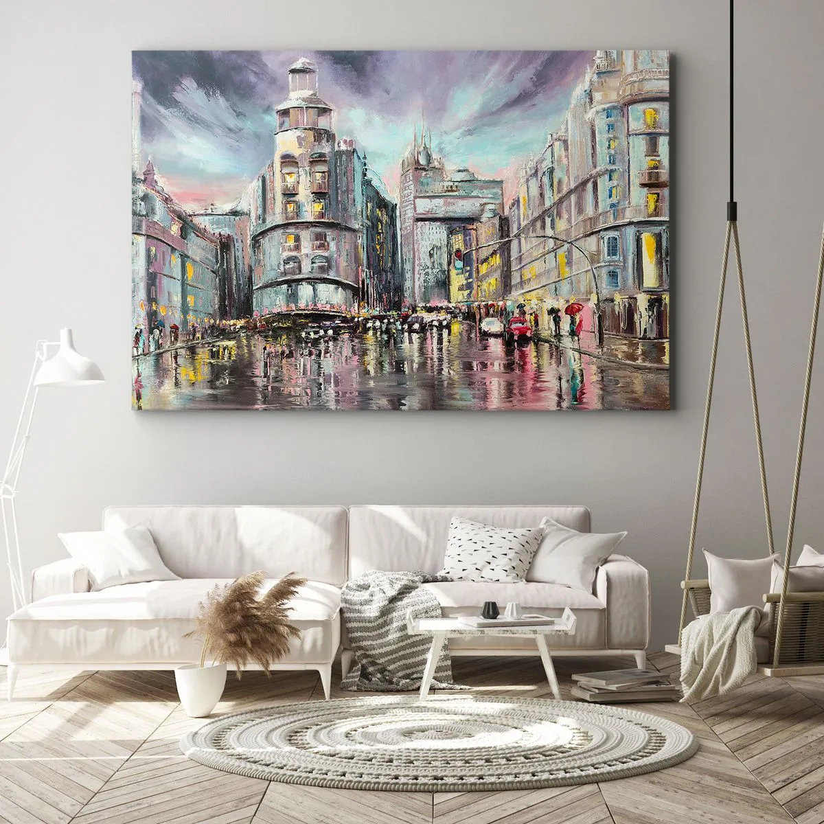 Obraz na płótnie - Wieczorny widok na miasto z odbiciami na mokrej ulicy - 70x50cm - To będzie udany wieczór - Nowoczesna dekoracja ścienna do salonu i sypialni ARTTOR