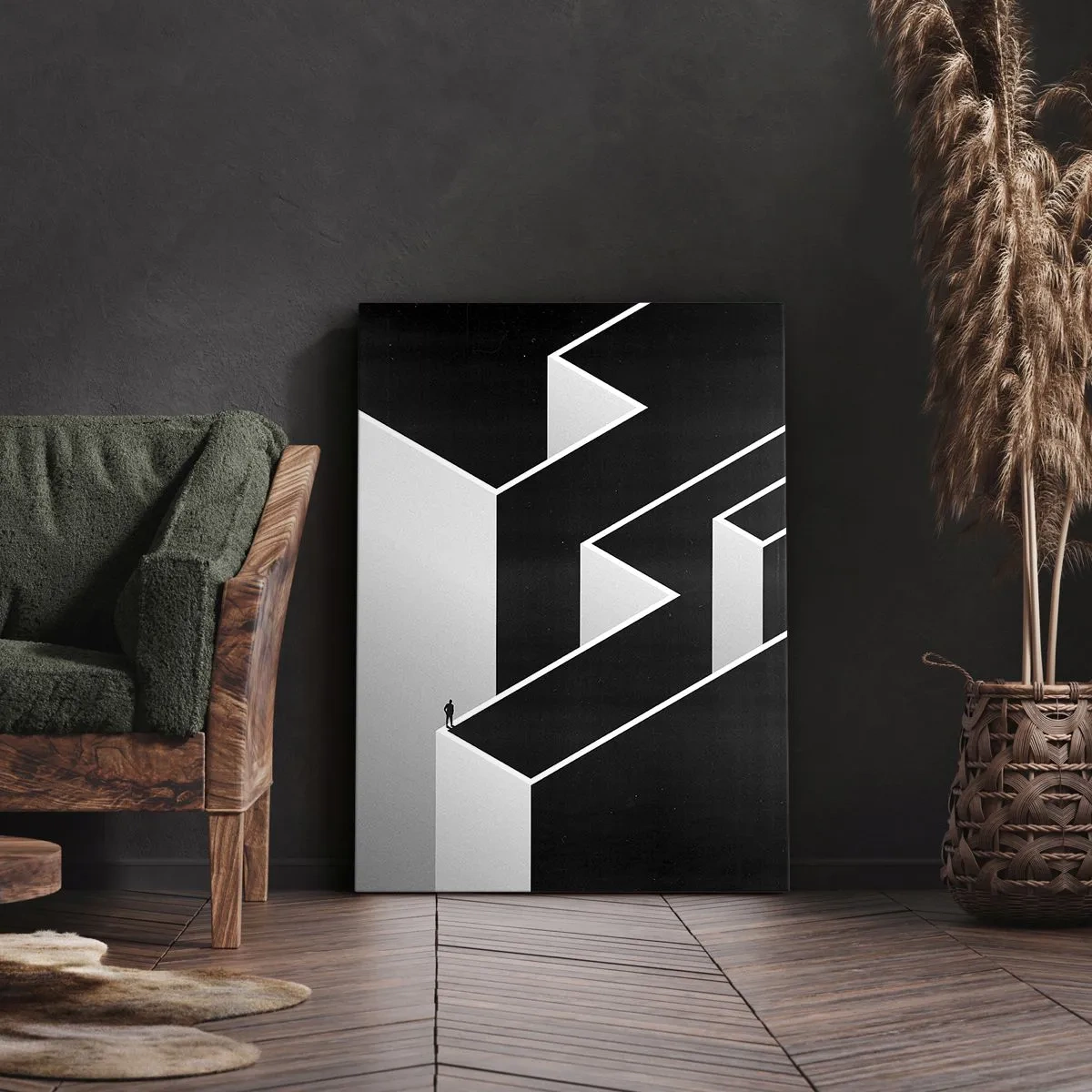 Obraz na płótnie - Czarna i biała abstrakcyjna przestrzeń z samotną postacią na krawędzi - 50x70cm - Samotność na szczycie - Nowoczesna dekoracja ścienna do salonu, kuchni i sypialni ARTTOR