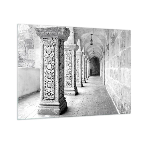 Obraz na szkle - Zabytkowy krużganek z rzeźbionymi kolumnami - 70x50cm - A dokąd to…? - Nowoczesna dekoracja ścienna do salonu i sypialni ARTTOR