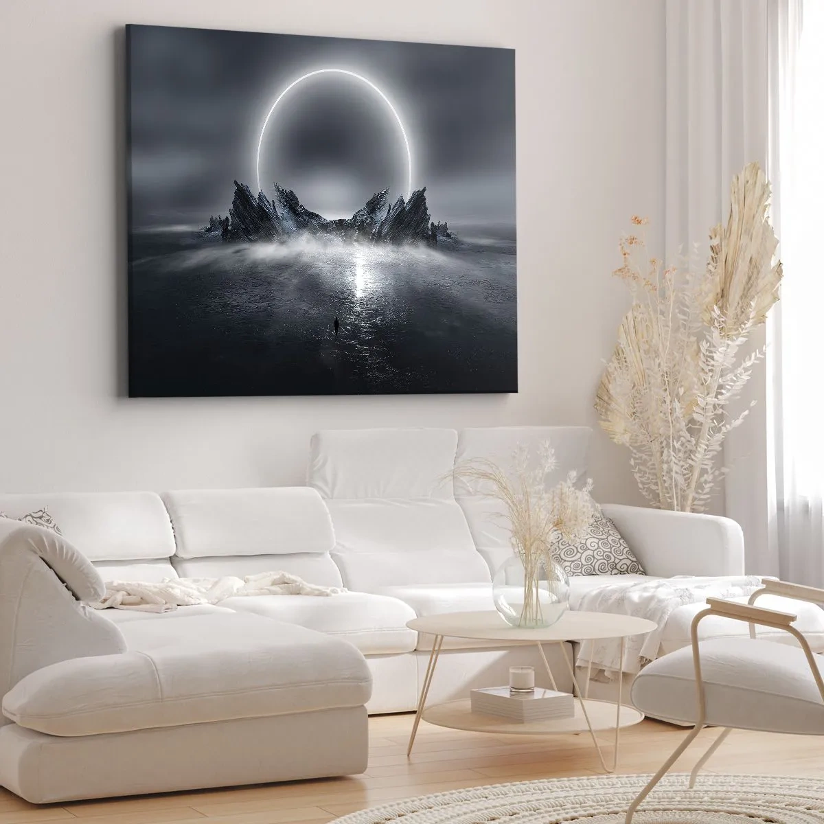 Obraz na płótnie - Tajemniczy krajobraz z pierścieniem światła nad górami - 70x50cm - Finał opowieści - Nowoczesna dekoracja ścienna do salonu i sypialni ARTTOR