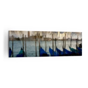 Obraz na płótnie - Weneckie maski karnawałowe i gondole na tle miasta i wody - 160x50cm - Karnawał czas zacząć - Nowoczesna dekoracja ścienna do salonu i sypialni ARTTOR