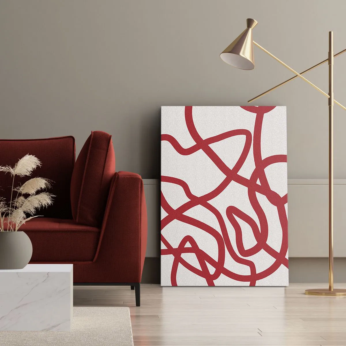 Obraz na płótnie - Abstrakcyjna kompozycja czerwonych, nieregularnych linii na jasnym tle - 50x70cm - Czerwono na białym - Nowoczesna dekoracja ścienna do salonu, kuchni i sypialni ARTTOR