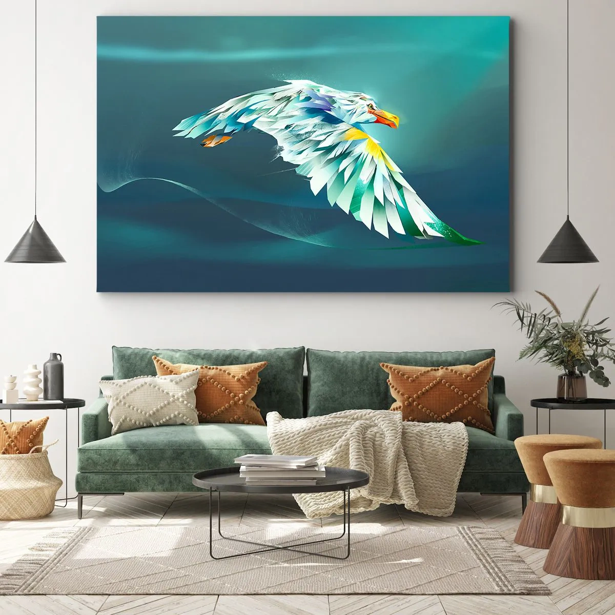 Obraz na płótnie - Abstrakcyjny orzeł w locie na tle turkusowego nieba - 70x50cm - Orla twych lotów potęga - Nowoczesna dekoracja ścienna do salonu i sypialni ARTTOR