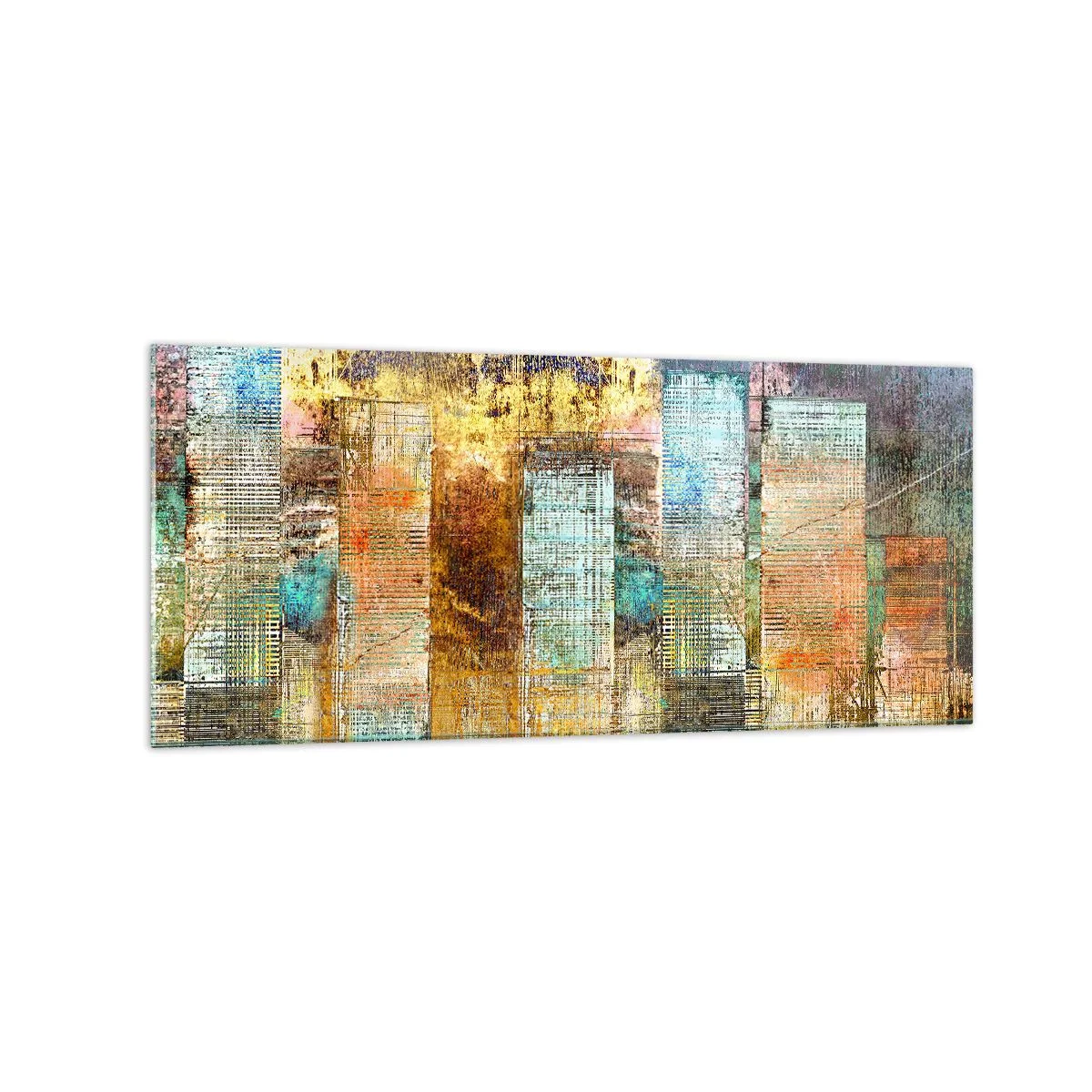 Obraz na szkle - Abstrakcyjne wieżowce w industrialnej stylistyce - 120x50cm - Słoneczna metropolia - Nowoczesna dekoracja ścienna do salonu i sypialni ARTTOR