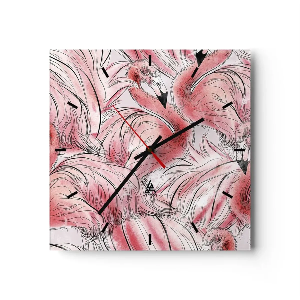 Zegar ścienny - Delikatne rysunki różowych flamingów - 30x30cm - Ptasi corps de ballet - Nowoczesna dekoracja ścienna do salonu i sypialni ARTTOR