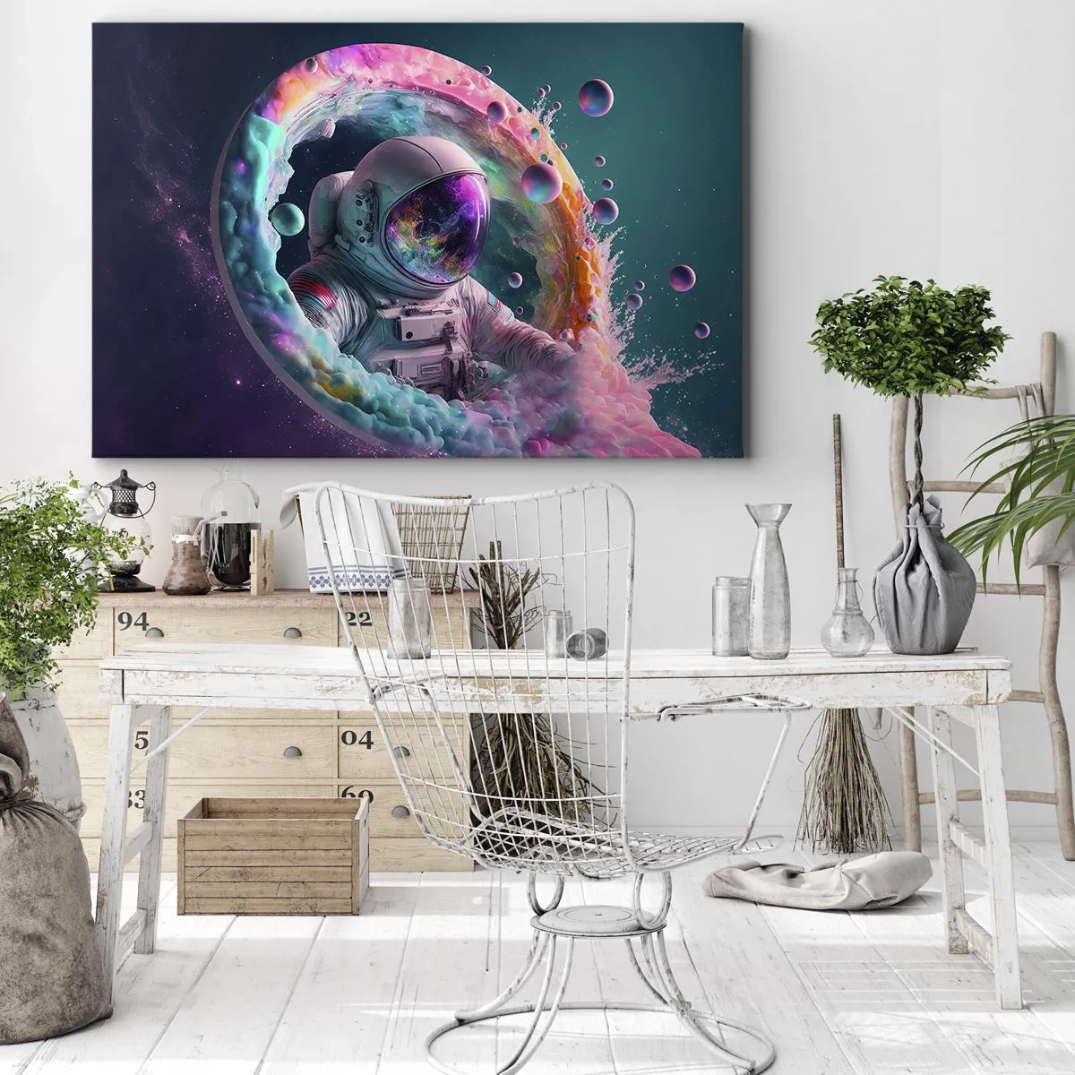 Obraz na płótnie - Astronauta w kolorowej kosmicznej aurze - 70x50cm - Gwiezdne wrota - Nowoczesna dekoracja ścienna do salonu i sypialni ARTTOR