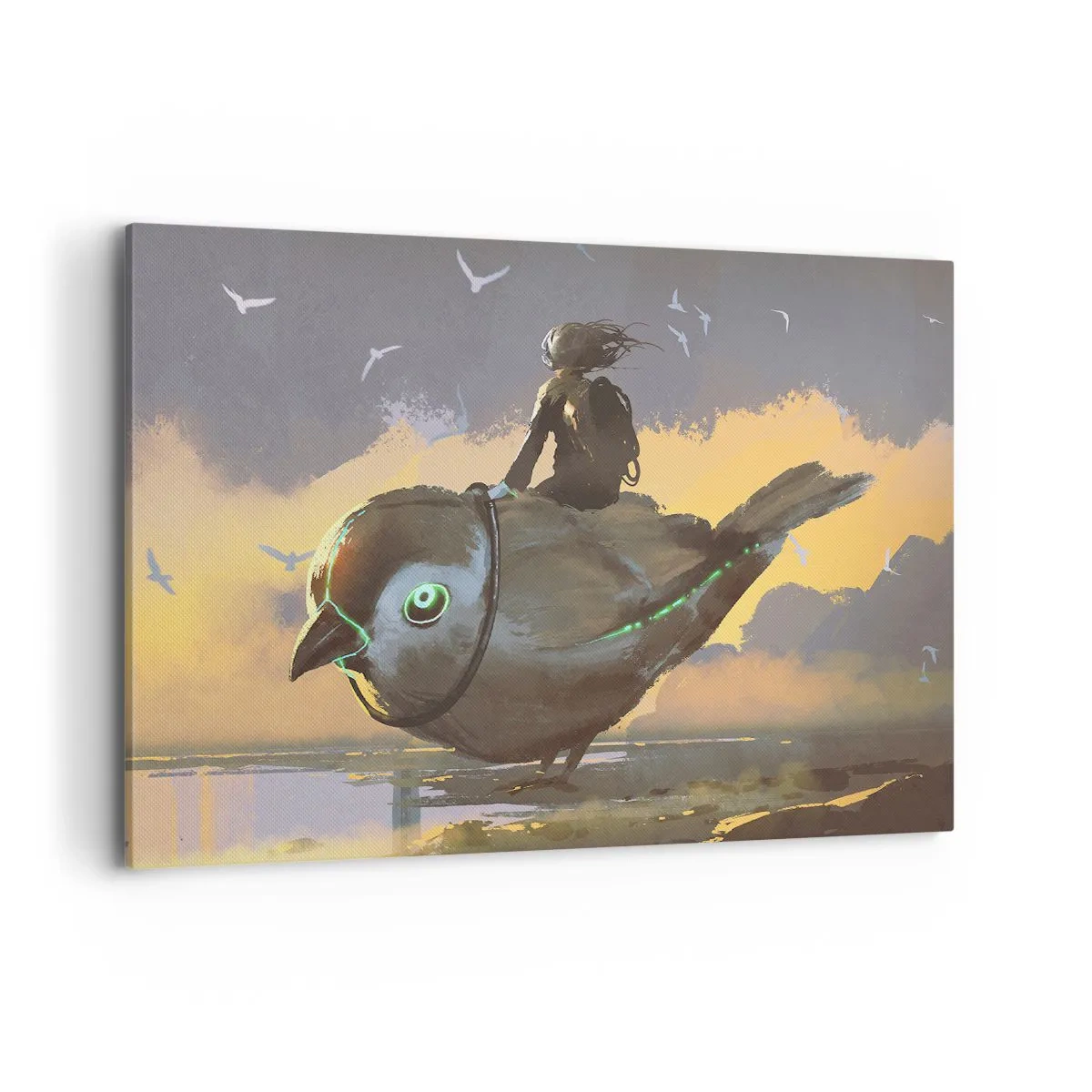 Obraz na płótnie - Jeździec na gigantycznym ptaku w surrealistycznym krajobrazie - 100x70cm - Przystanek w fantastycznej podróźy - Nowoczesna dekoracja ścienna do salonu, kuchni i sypialni ARTTOR