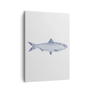 Obraz na płótnie - Minimalistyczna grafika ryby w odcieniach granatu na jasnym tle - 50x70cm - Pozdrowienia z północnych mórz - Nowoczesna dekoracja ścienna do salonu, kuchni i sypialni ARTTOR
