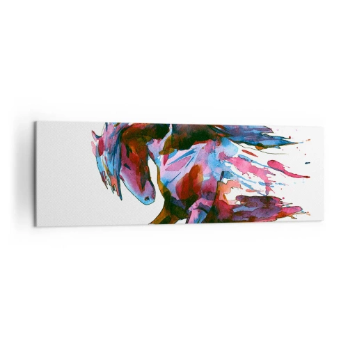 Obraz na płótnie - Koń w dynamicznych abstrakcyjnych barwach symbolizujący wolność - 160x50cm - W uniesieniu - Nowoczesna dekoracja ścienna do salonu i sypialni ARTTOR