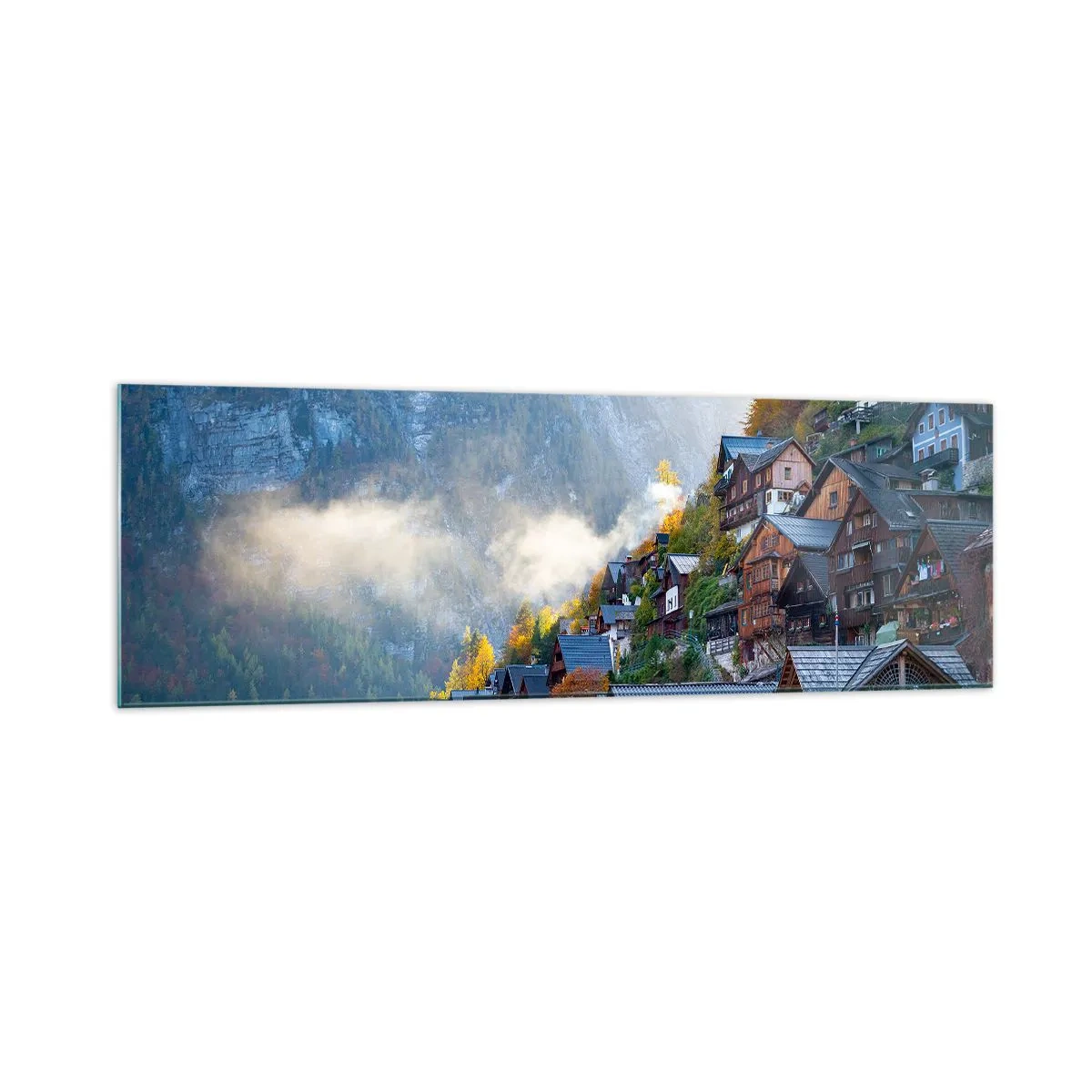Obraz na szkle - Górska wioska nad jeziorem w jesiennej scenerii - 160x50cm - Alpejskie klimaty - Nowoczesna dekoracja ścienna do salonu i sypialni ARTTOR