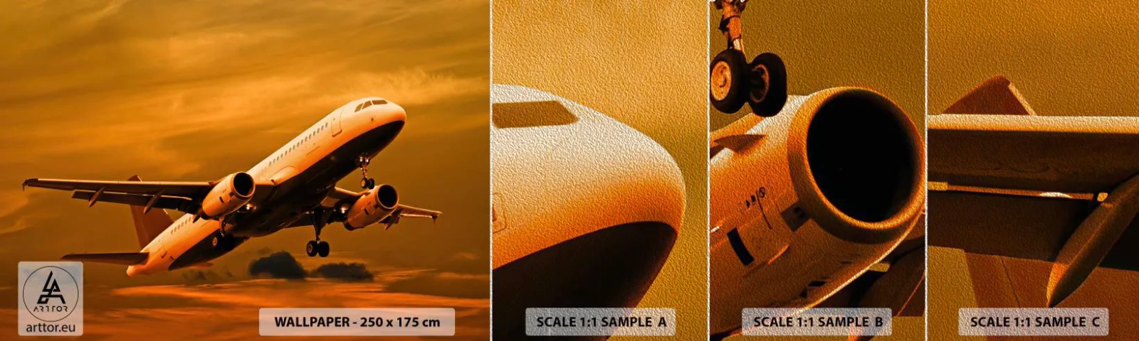 Fototapeta Próbka Premium Sand - Lot w stronę słońca - Samolot, Podróż, Zachód Słońca - 100x30 cm