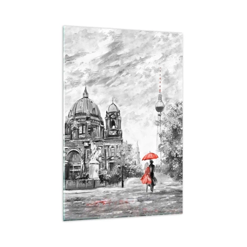 Obraz na szkle - Czarno-biała scena z Berlinem, czerwonym parasolem i drzewem - 80x120cm - Berlińskie spotkanie - Nowoczesna dekoracja ścienna do salonu i sypialni ARTTOR