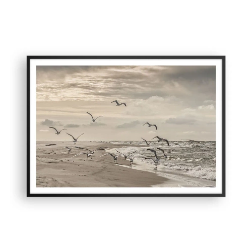 Plakat w czarnej ramie - Mewa w locie nad nadmorskim krajobrazem - 100x70cm - Morza szum, ptaków śpiew - Nowoczesna dekoracja ścienna do salonu i sypialni ARTTOR