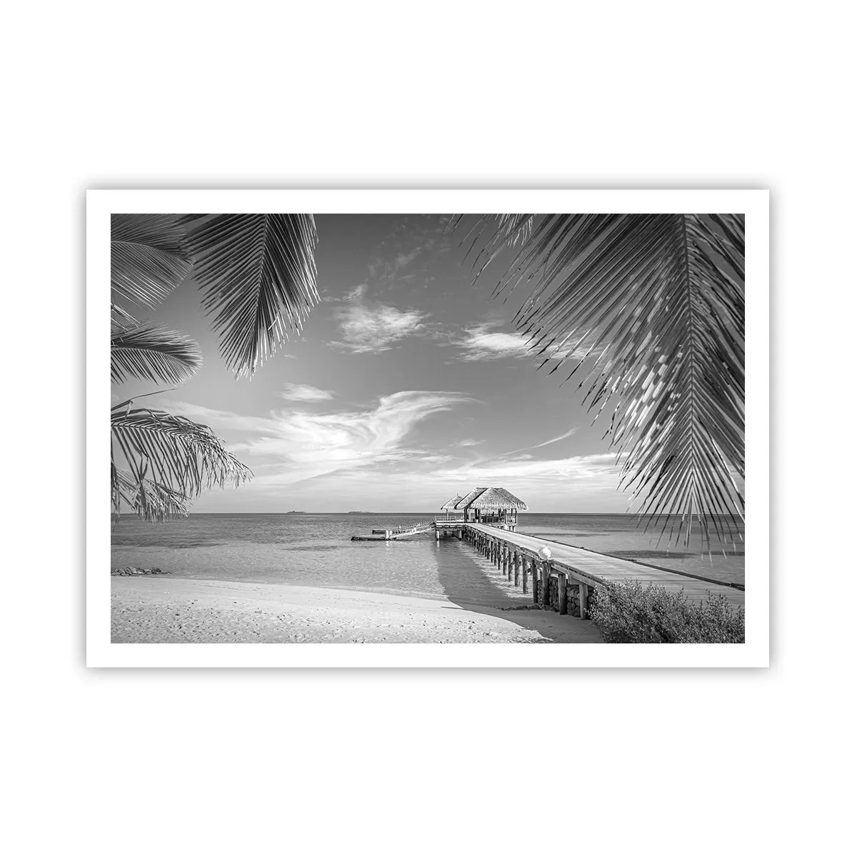 Plakat - Czarno-biała plaża z molo i palmami na tropikalnym wybrzeżu - 100x70cm - Wspomnienie czy marzenie? - Nowoczesna dekoracja ścienna do salonu i sypialni ARTTOR