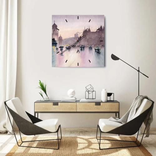 Zegar ścienny - Miejska ulica o zmierzchu w akwarelowym stylu - 30x30cm - W deszczowej mgiełce - Nowoczesna dekoracja ścienna do salonu i sypialni ARTTOR