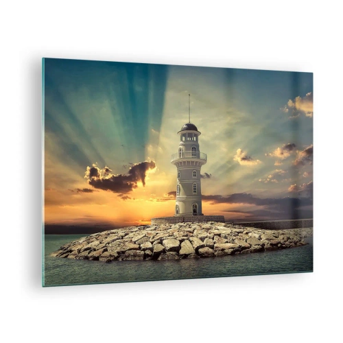 Obraz na szkle - Latarnia morska na tle zachodzącego słońca - 70x50cm - Światło - Dobro - Piękno - Nowoczesna dekoracja ścienna do salonu i sypialni ARTTOR
