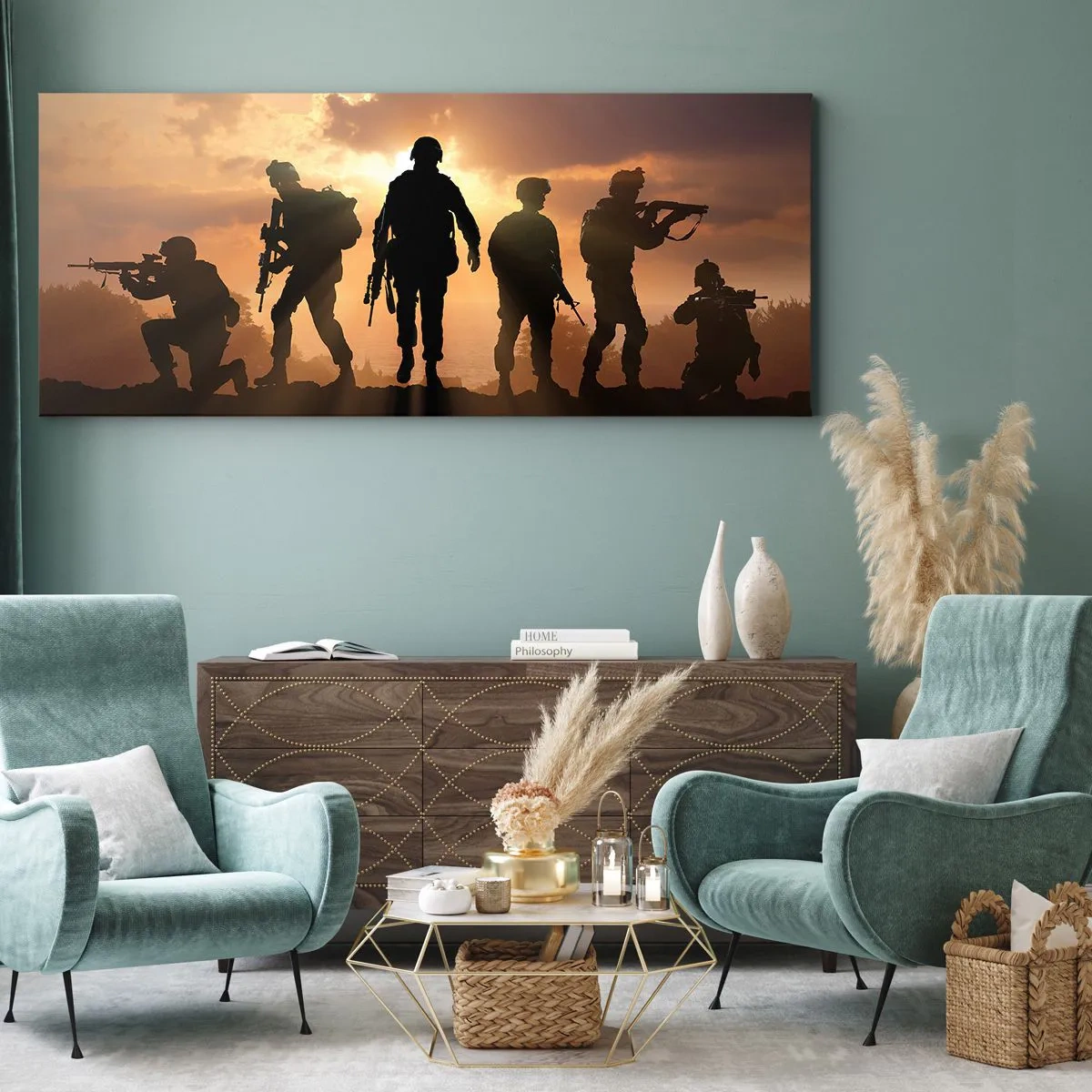 Obraz na płótnie - Żołnierze na tle zachodzącego słońca w dynamicznej scenerii - 140x50cm - Brothers in arms - Nowoczesna dekoracja ścienna do salonu i sypialni ARTTOR