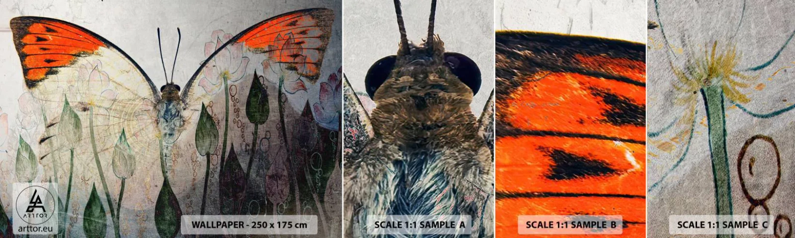 Fototapeta Próbka Samoprzylepna Deluxe Sticker - "Kędy się motyl kołysa na trawie" - Abstrakcja, Motyl, Natura - 100x30 cm