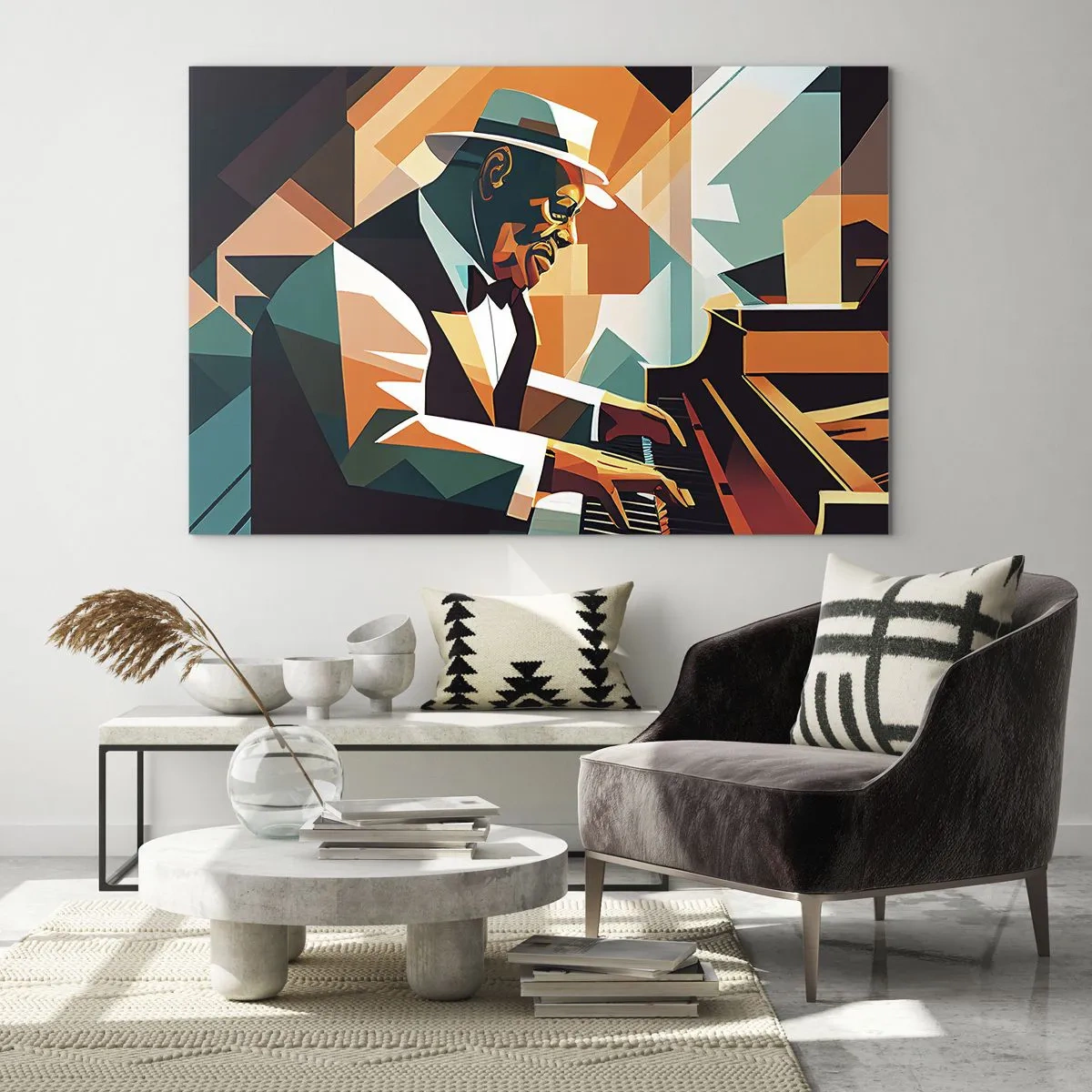 Obraz na szkle - Kolorowy portret pianisty w stylu jazzowym - 100x70cm - Cały ten jazz - Nowoczesna dekoracja ścienna do salonu, kuchni i sypialni ARTTOR