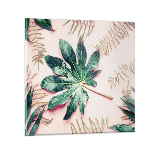 Obraz na szkle - Studium zieleni na różowym tle - 30x30 cm