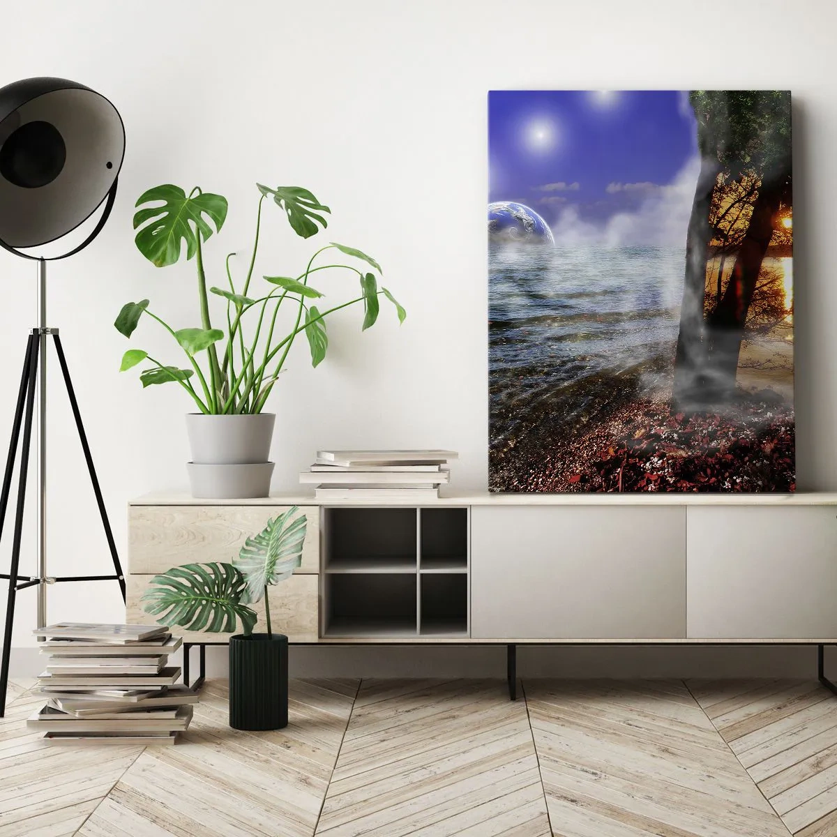 Obraz na płótnie - Fantazyjny krajobraz z morzem i drzewem w świetle - 50x70cm - Pejzaż surrealistyczny - jedność natury - Nowoczesna dekoracja ścienna do salonu, kuchni i sypialni ARTTOR
